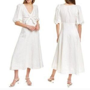 NWOT Parker Lillie Puff Sleeve Tie Front White Linen Blend A-line Dress